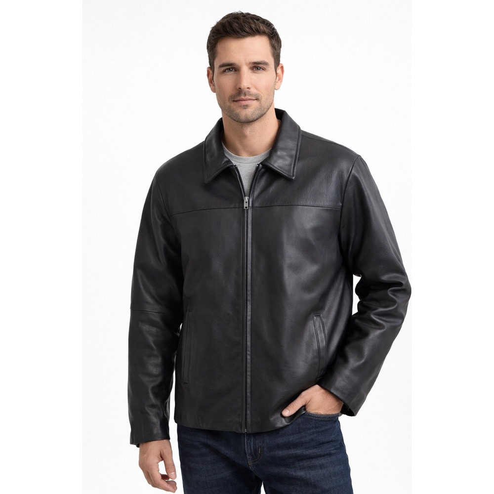 Boston Harbour Mens Black‎ Leather Jacket Quilted Lining Full Zip Size Large